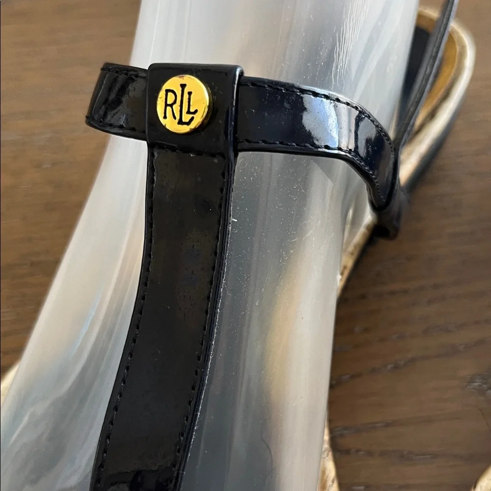 Ralph Lauren Kya‎ Blue and Tan T-Strap Sandals